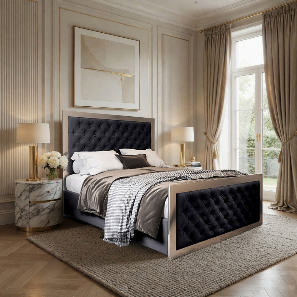 Maddison Black Small Double Velvet Upholstered Metal Bed Frame with Padded Headboard Image 5