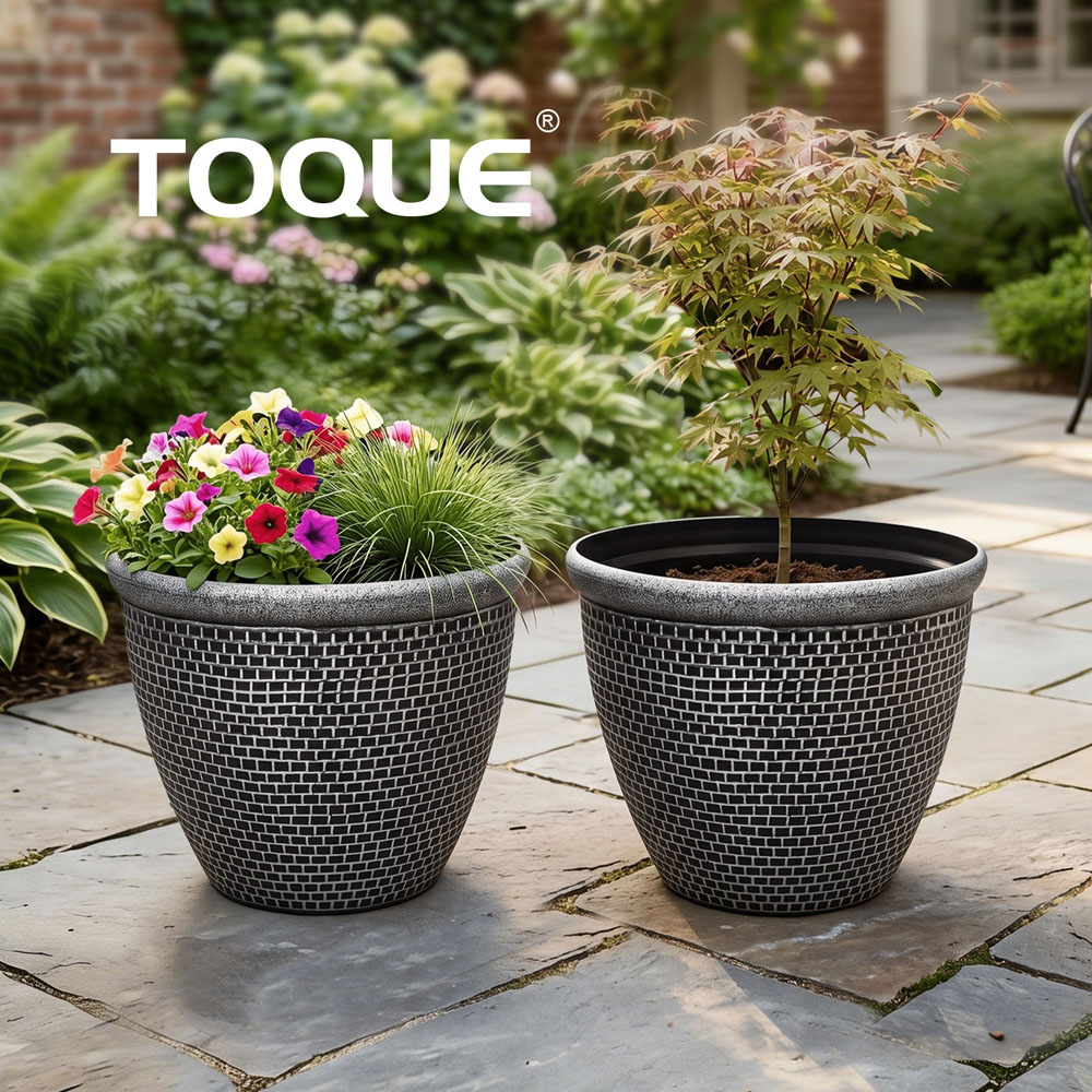 TOQUE Black Antique and Silver Effect Plastic Garden Plant Pot with Drainage Holes 30cm 2 Pack Image 8