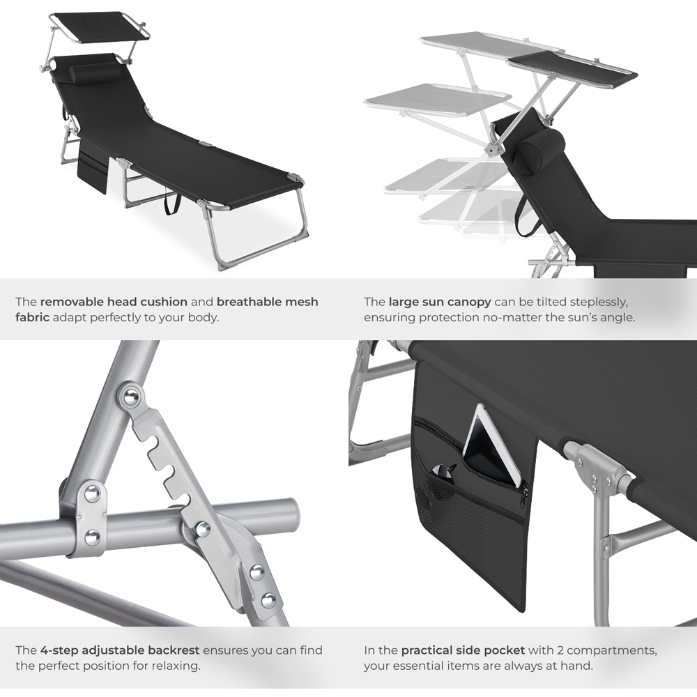 tectake Black Foldable Sun Lounger with Sun Canopy Image 5