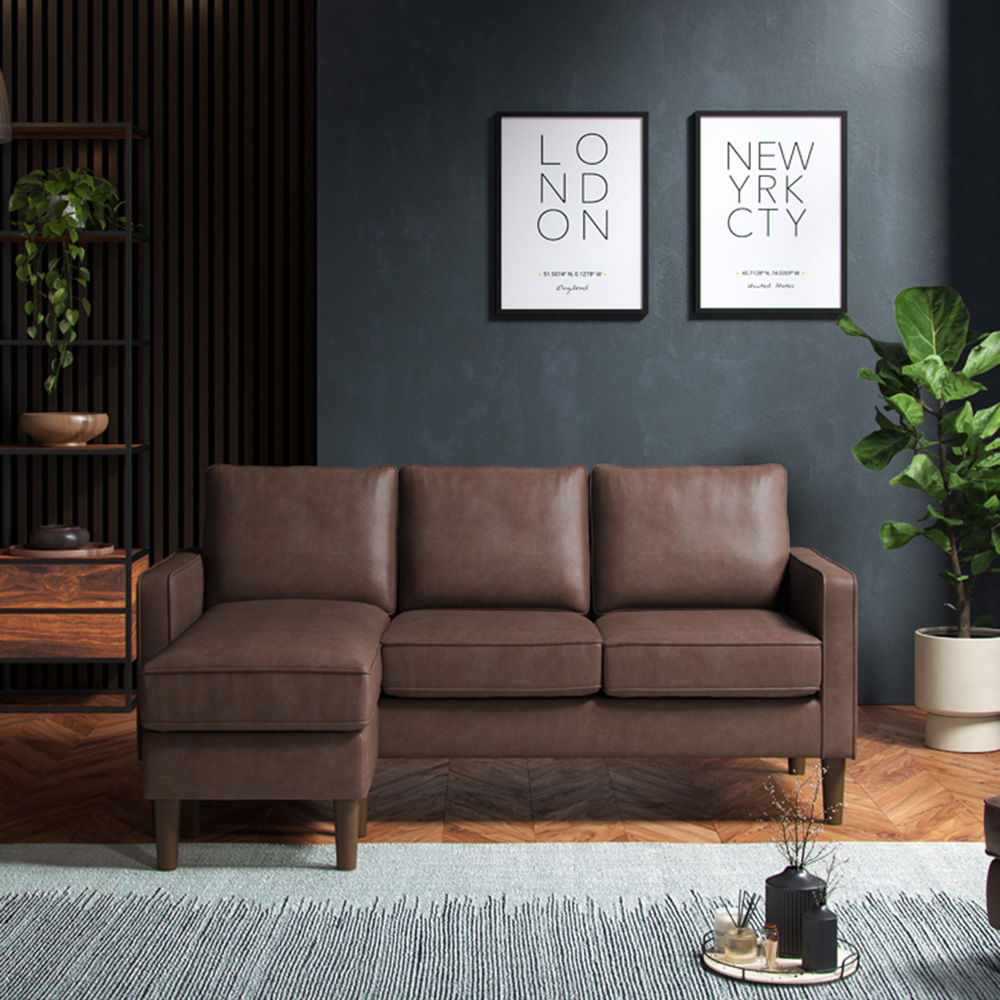 Regan 3 Seater Brown Faux Leather Reversible Chaise Sofa Image 4