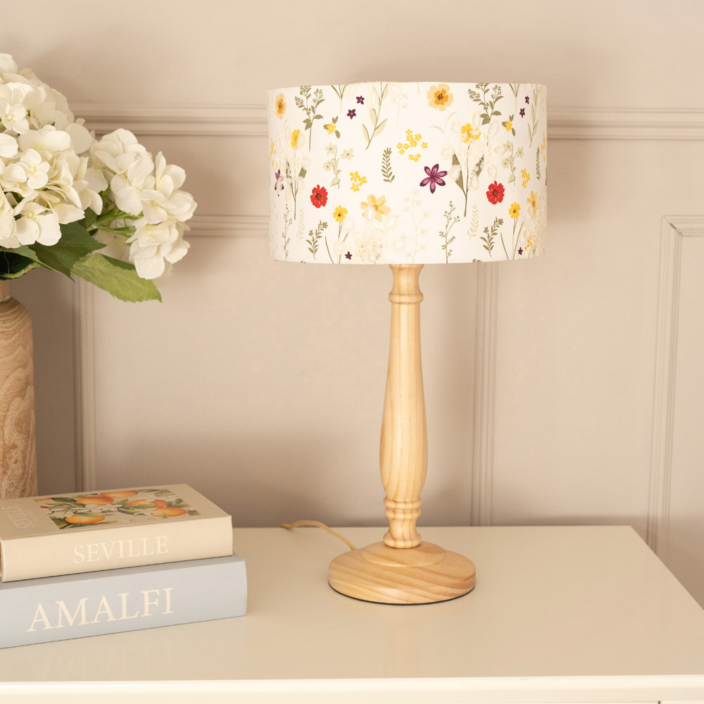 ValueLights Victoria Floral Embroidered Drum Shade Light Wood Candlestick LED Table Lamp Image 3
