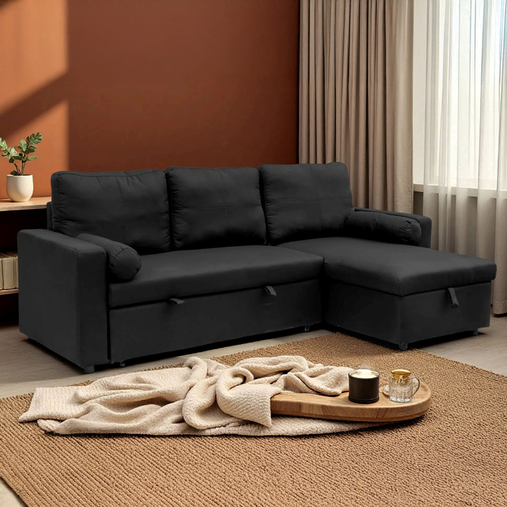 Indoor Living Manhattan 3 Seater Black Corner Sofa Bed Image 1