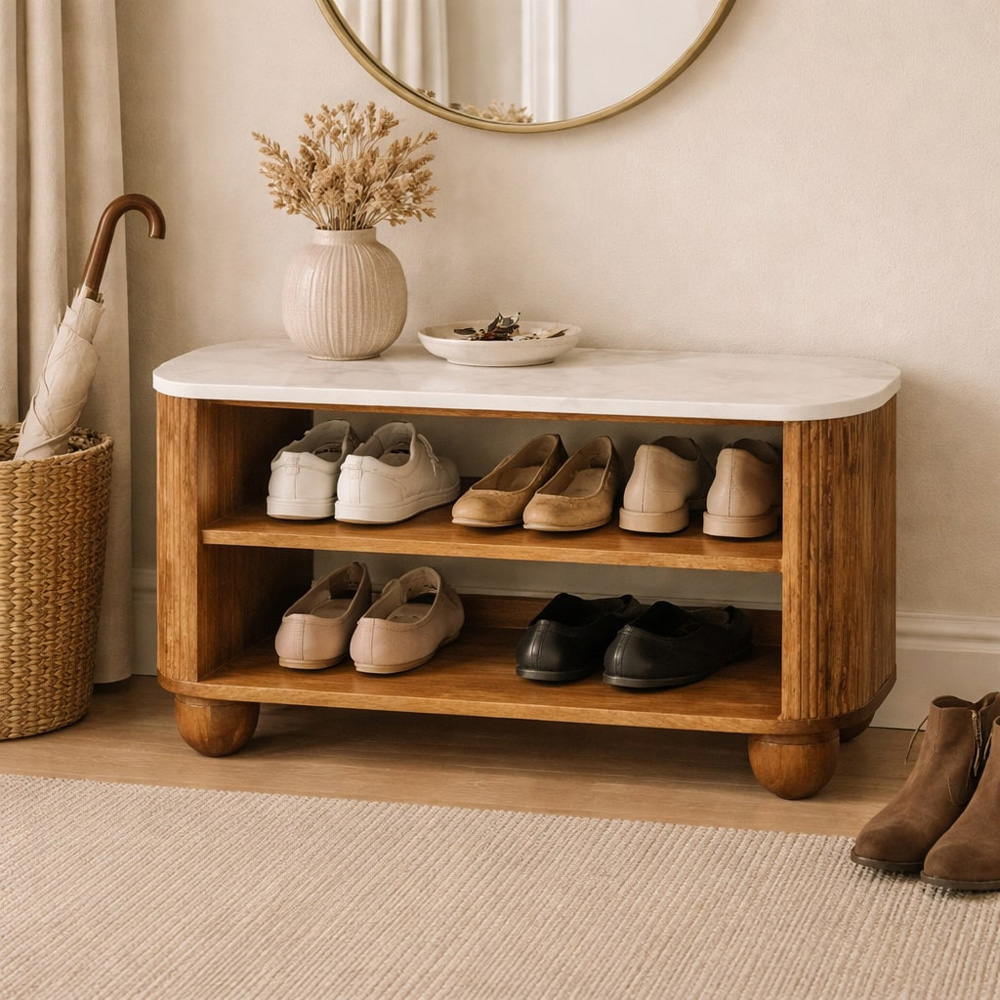 Artisan Furniture Beaumont Golden Teak 2 Shelf Marble Top Mango Wood Shoe Bench Image 7
