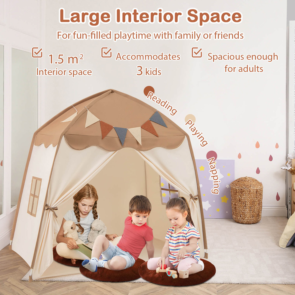 Costway 3 Person Extra Large Kids Play Tent with Lights Coffee Image 6