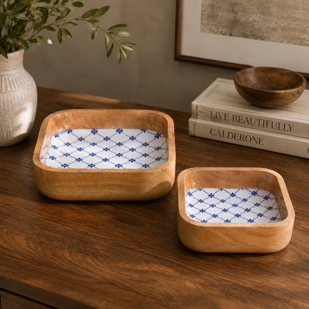 Artisan Furniture Blue and White Solid Wood Square Bowl Set of 2 Image 2