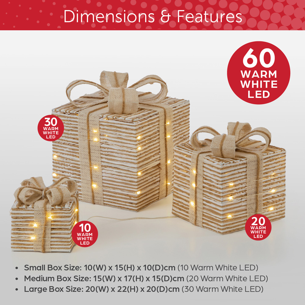 The Christmas Workshop 60 Warm White LED Natural Gift Box Decoration Set of 3 Image 9