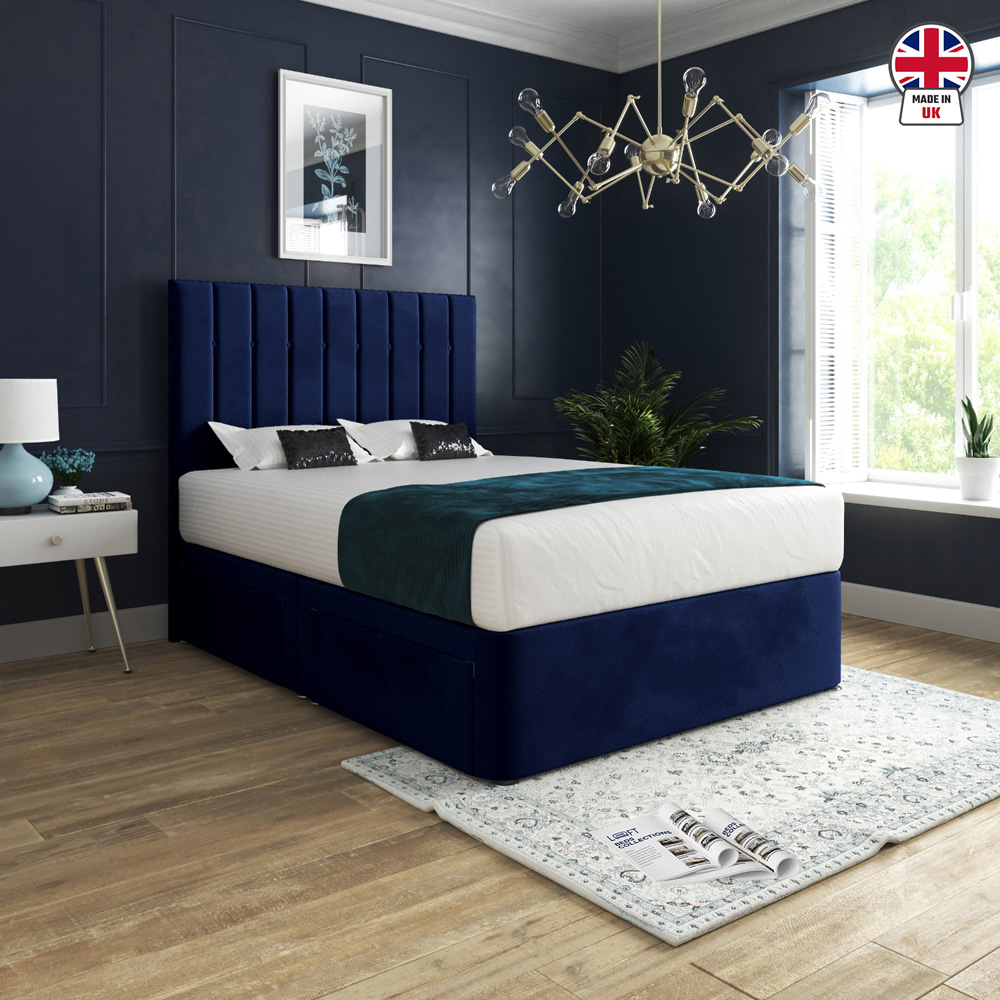 Marcelo Blue Double Velvet Upholstered Divan Bed Frame with Linear Headboard Image 6