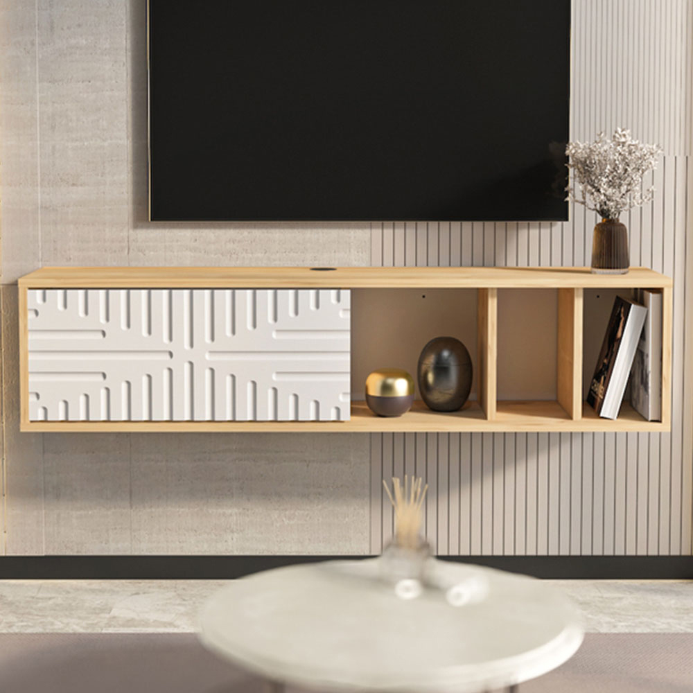 Decorotika Single Door 3 Shelf Sapphire Oak and White Floating TV Unit Image 5