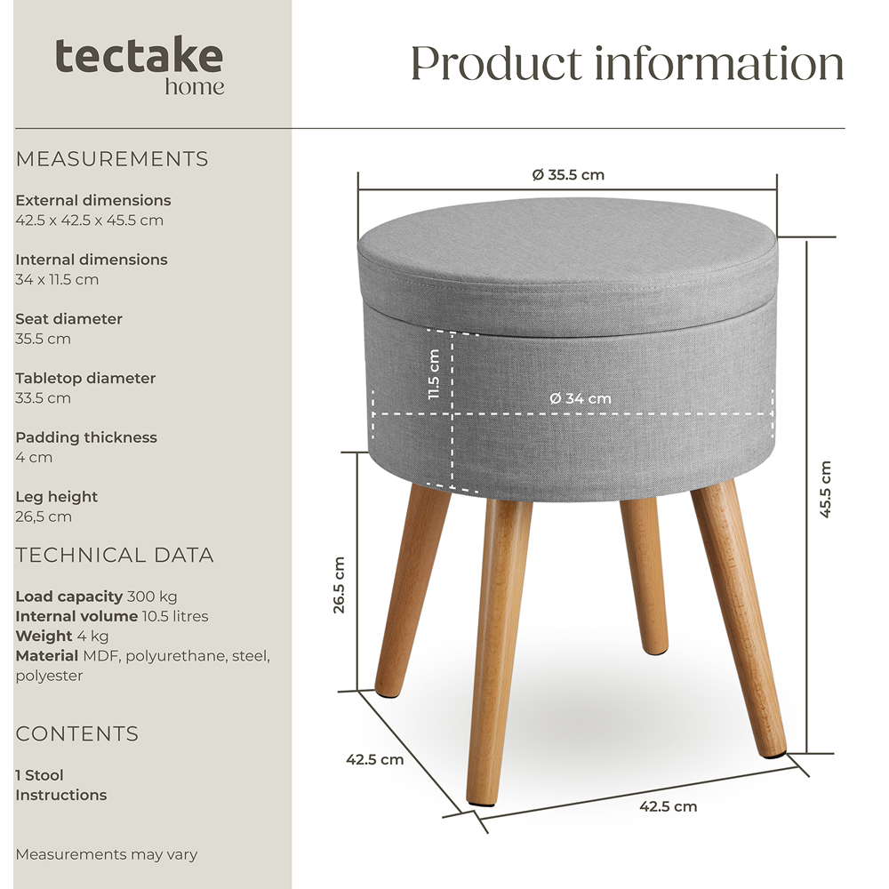 tectake Yara Light Grey Linen Look Padded Round Stool with Storage Image 9