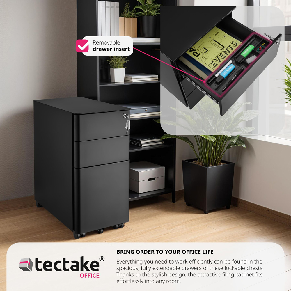 tectake Parvus 3 Drawer Black Lockable Filing Cabinet Image 7