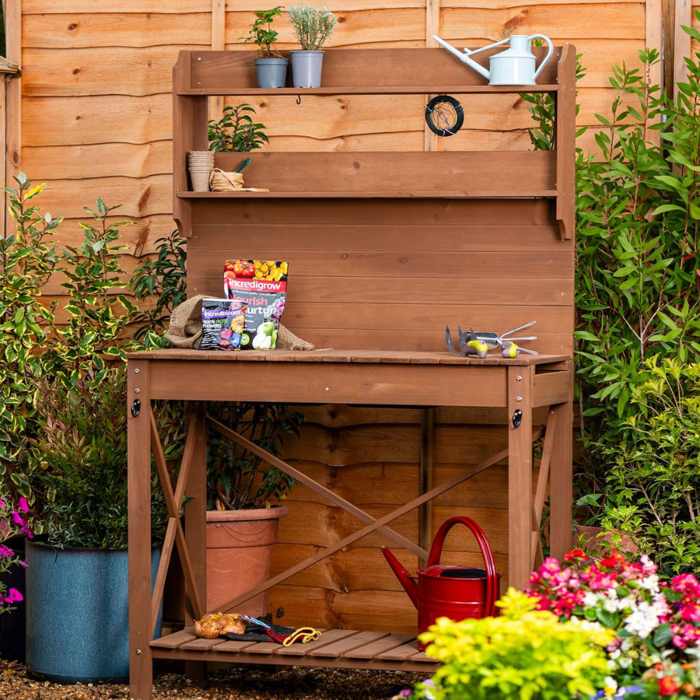 Garden Gear Premium Hemlock Wood Expandable Potting Bench Table with Hooks Image 2