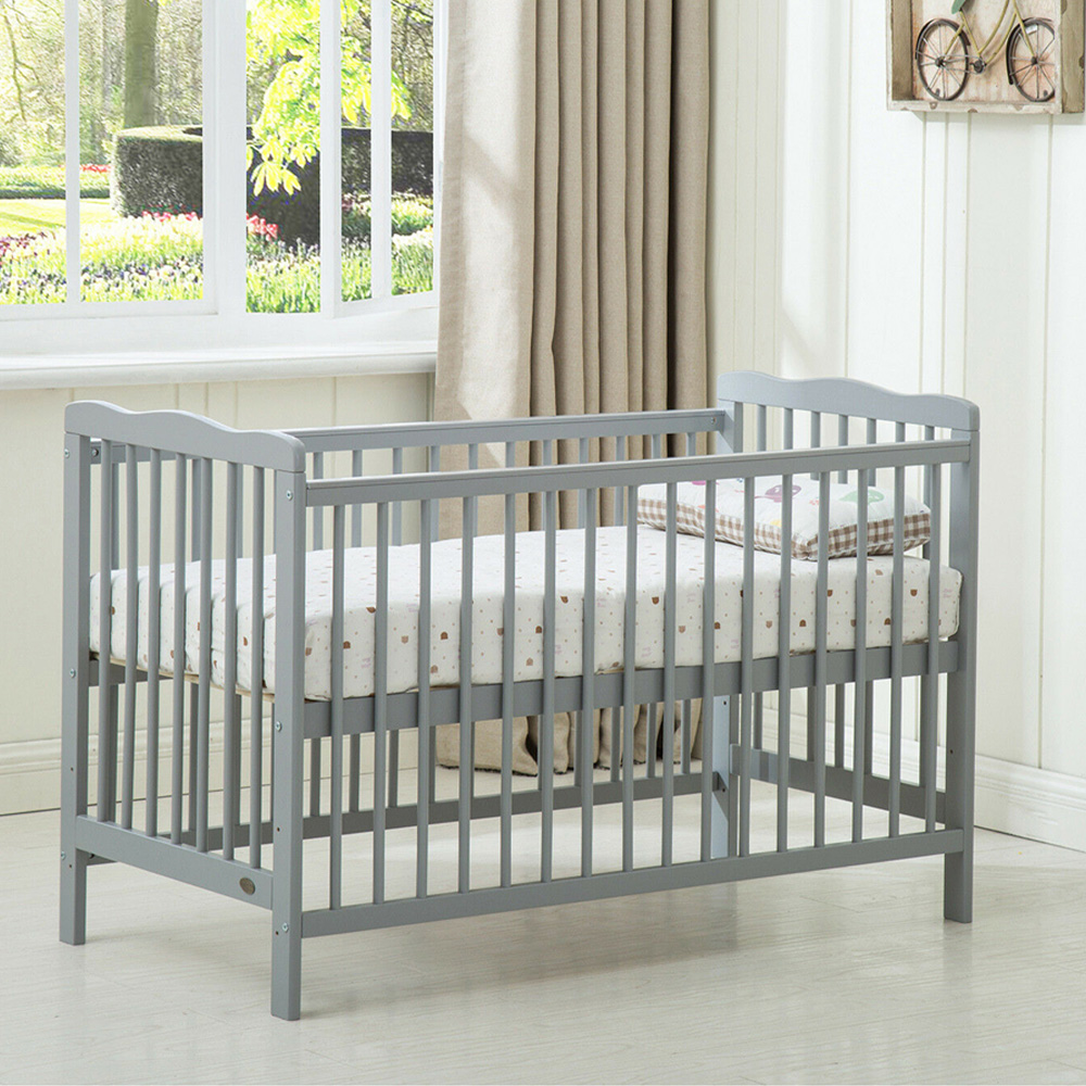 wilko Brooklyn Grey Height Adjustable Wooden Baby Cot Crib with Mattress Image 4