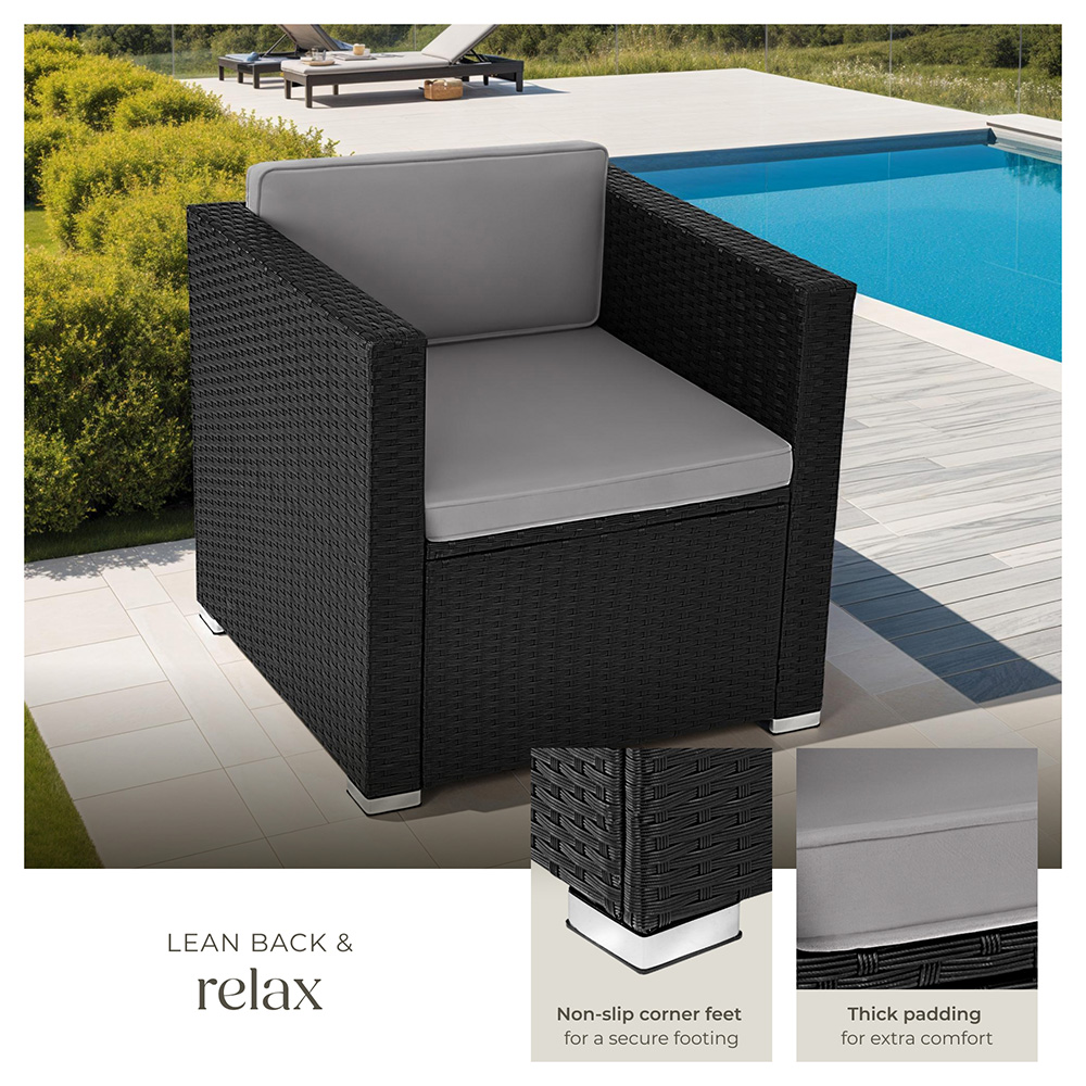 tectake Lignano Black Rattan Garden Armchair with Seat and Back Cushions Image 3