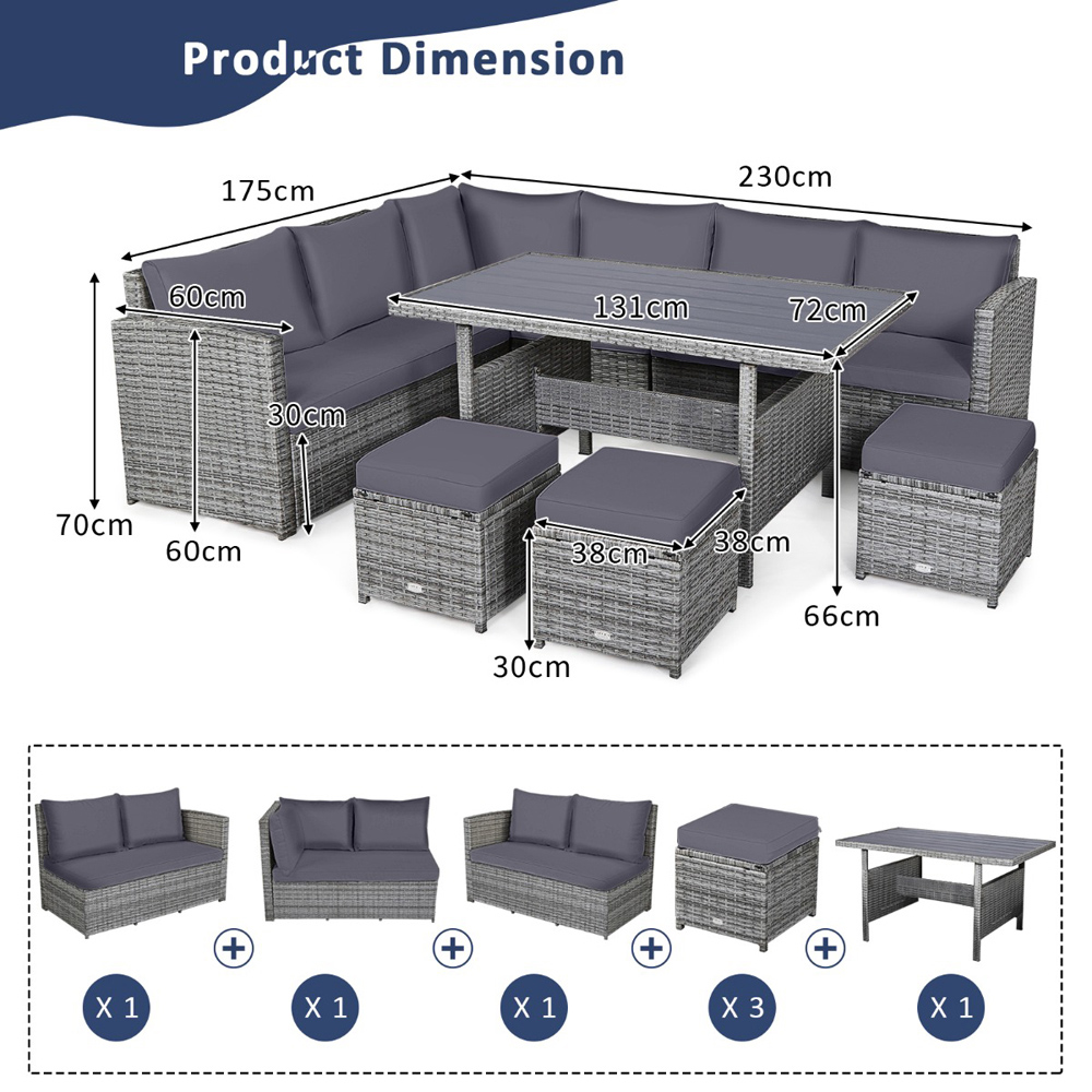 Costway 10 Seater Grey Rattan Patio Lounge Set with Back and Seat Cushions Image 9