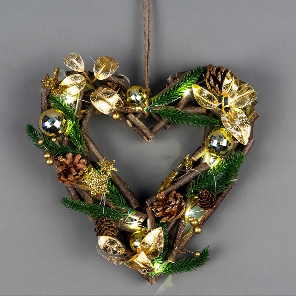 Shatchi Pre-Lit Heart Wreath with Wooden Twigs Base 30cm Image 2
