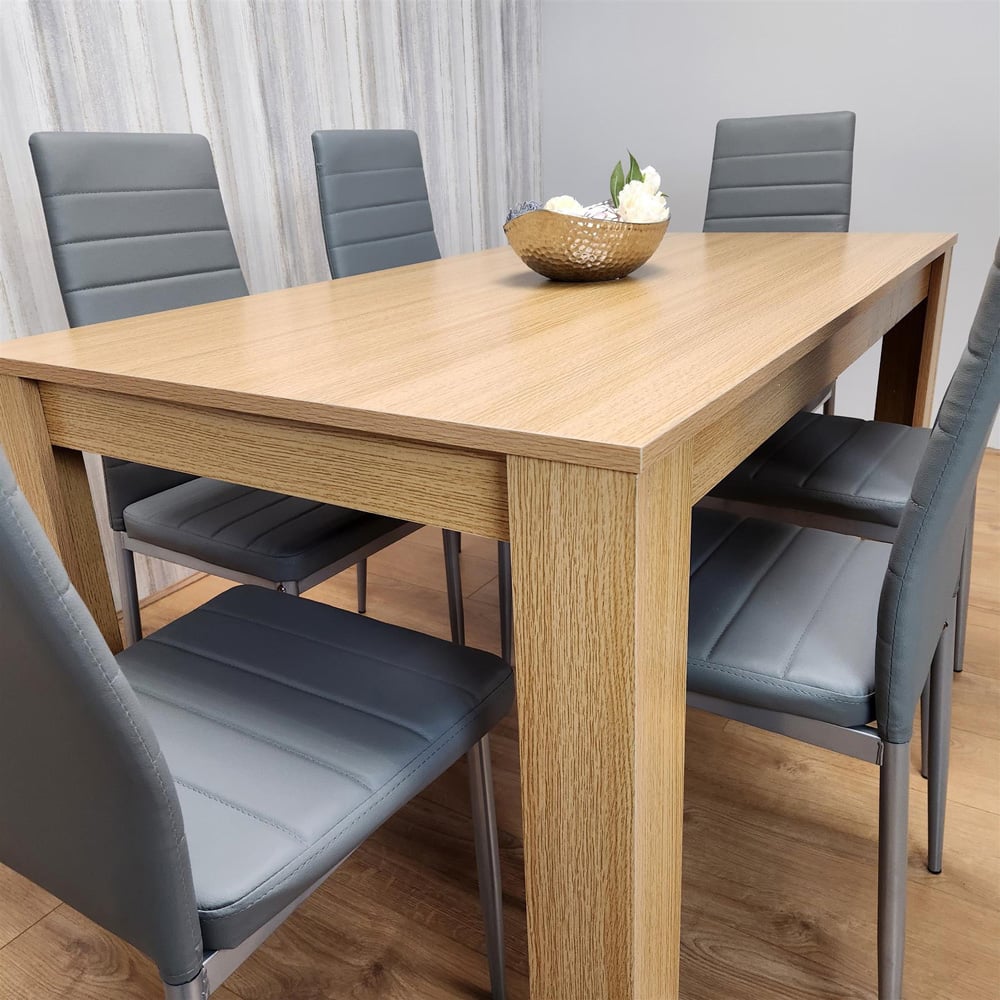 Portland 6 Seater Faux leather Dining Set Wooden Oak Effect and Grey Image 2