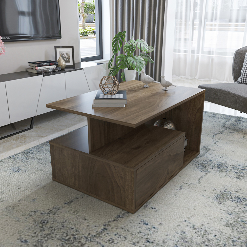 Decorotika Mana Walnut Coffee Table with Shelf and Cabinet Image 3