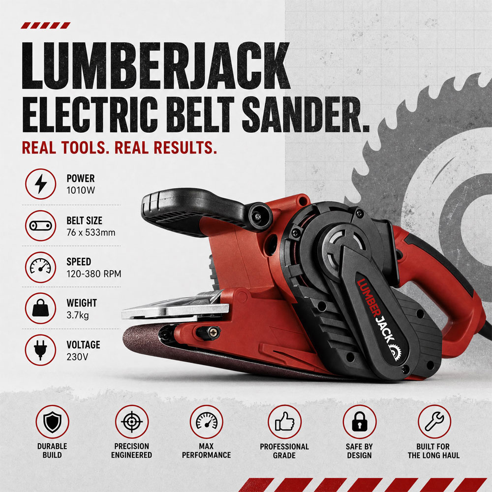 Lumberjack EBS76 230V 1010W Red Electric Belt Sander with Dust Bag and Sanding Belts 76 x 533mm Image 6