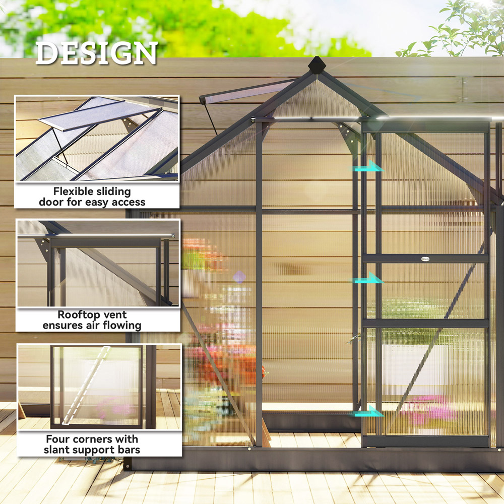 Outsunny 6 x 6ft Black Galvanised Aluminium Polycarbonate Walk In Greenhouse Image 7