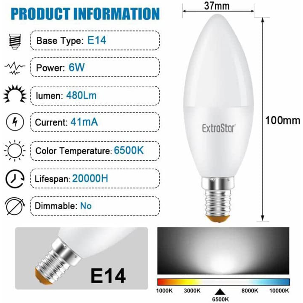 ExtraStar 6 Pack E14 Daylight 4W LED Candle Light Bulb Image 4