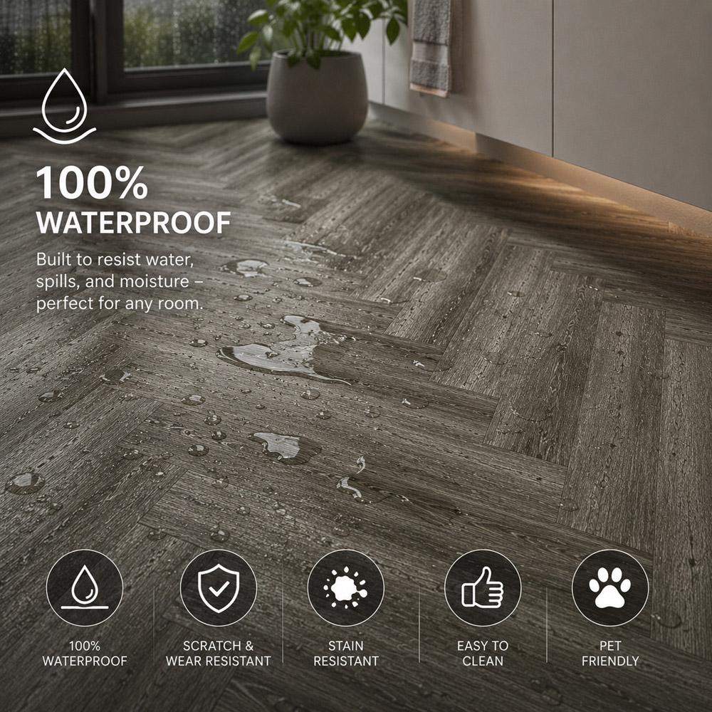 Britwall Midnight Grey Herringbone Wood-Embossed SPC Vinyl Flooring 625 x 125mm 20 Pack Image 6