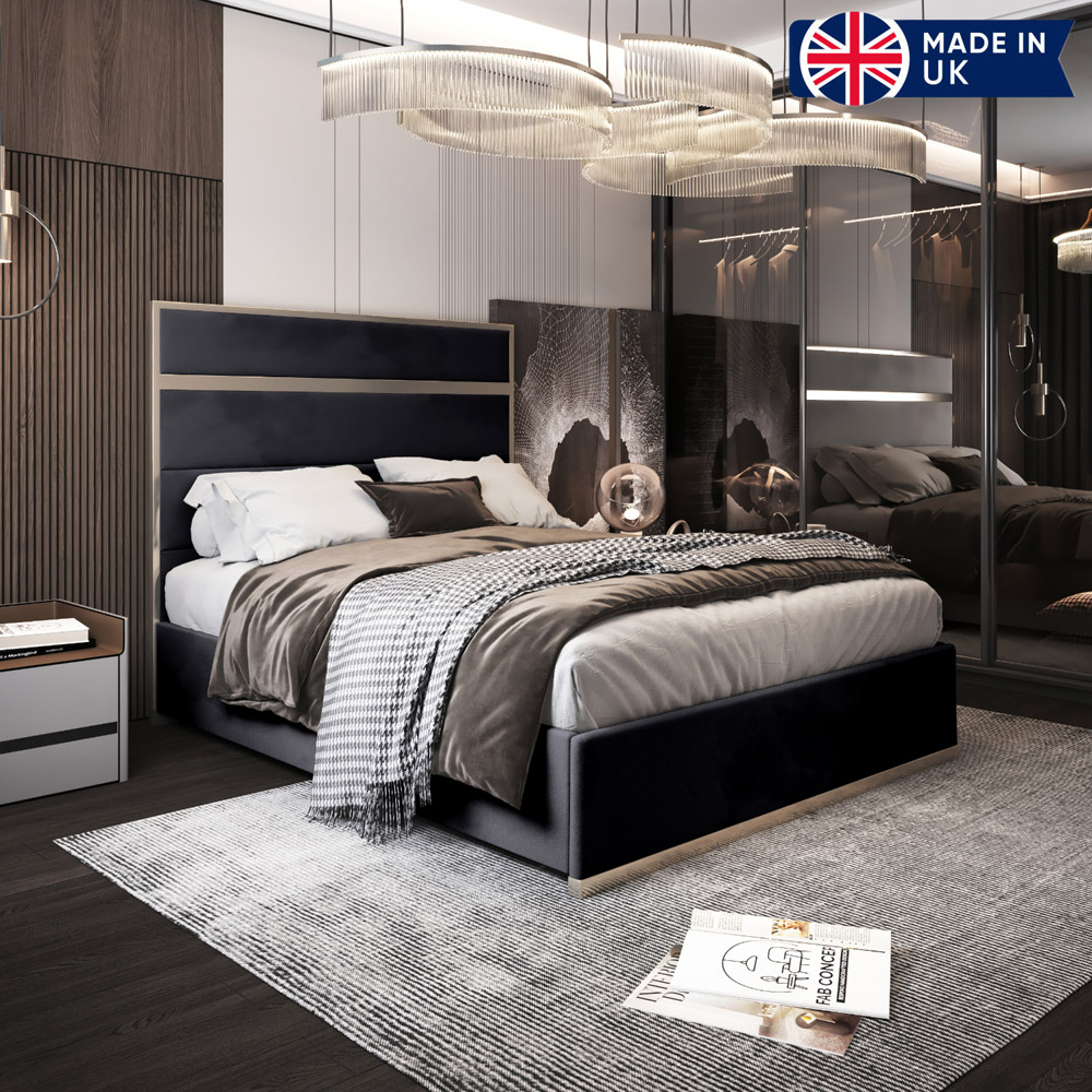 Bentley Black Single Velvet Upholstered Metal Bed Frame with Panelled Headboard Image 6