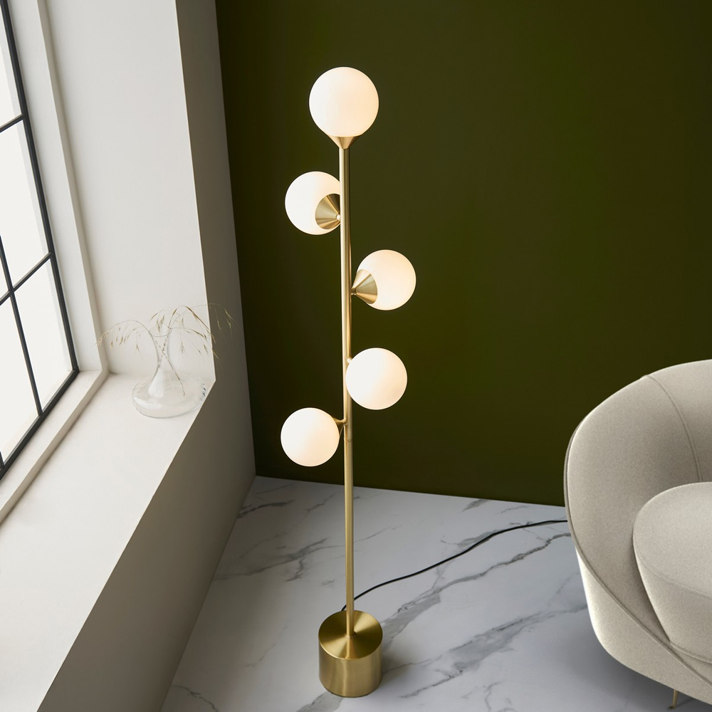 Merano Grosseto Satin Brass Plate Gloss White Glass Multi Arm Floor Lamp Image 7