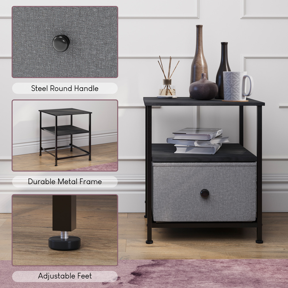 Vida Designs Chorley Single Drawer Single Shelf Grey and Black Fabric Bedside Table Image 6