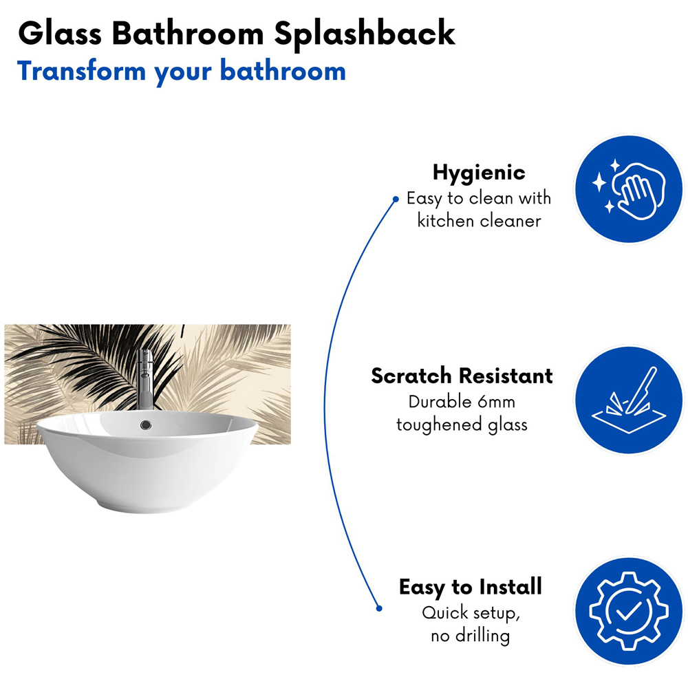 Warren Reed Designer Black and White Tropical Palm Leaves Glass Bathroom Splashback 25 x 60cm Image 4