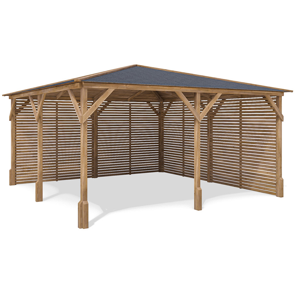 Dunster House Utopia 6 x 3m Brown Louvre Wall Garden Gazebo with Roof Shingles Image 2