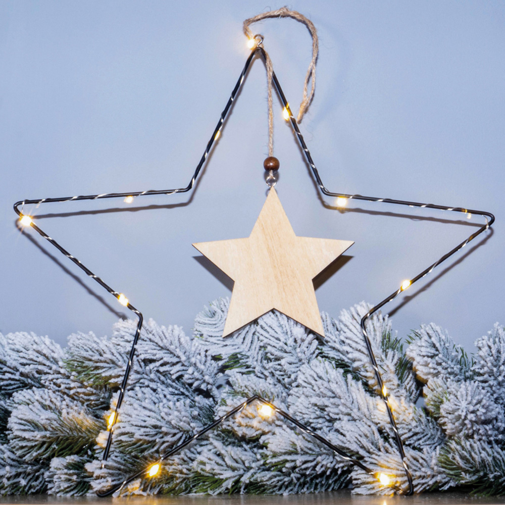 St Helens LED Metal Christmas Star Decoration with Wooden Centre Image 6