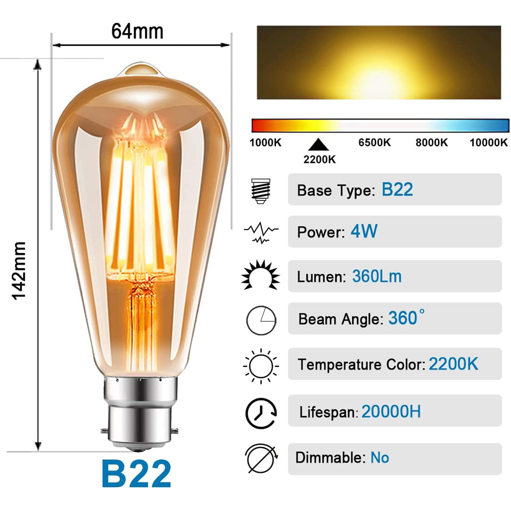 ExtraStar 2 Pack 4W LED Filament Light Bulb Image 3