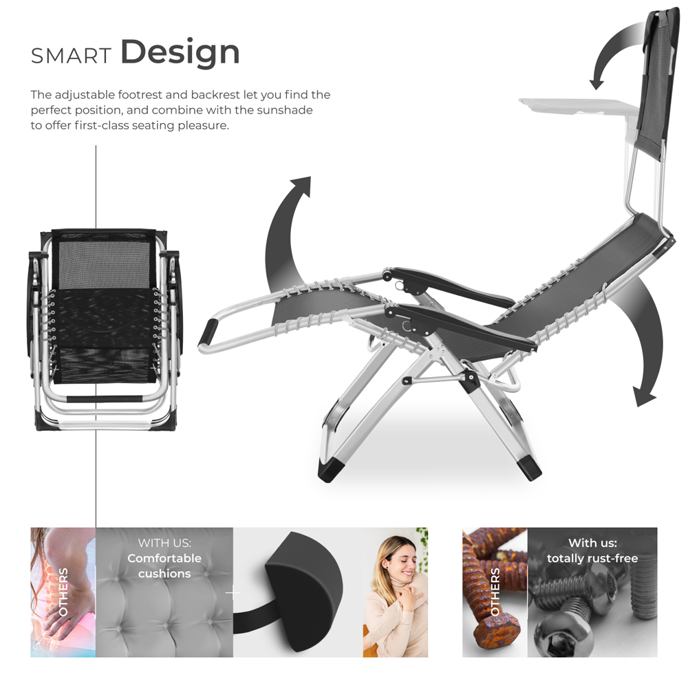 tectake Cirrus Light Grey Set of 2 Folding Plush Padding Sun Lounger with Sun Shade Image 3