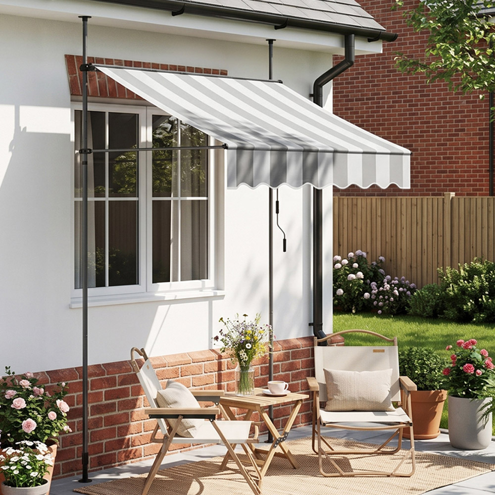 Living and Home Grey and White Wavy Valance Retractable Height Adjustable Awning 1.5m Image 8