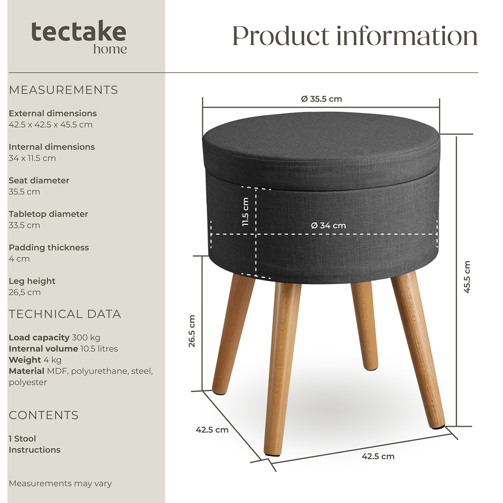 tectake Yara Dark Grey Linen Look Padded Round Stool with Storage Image 9
