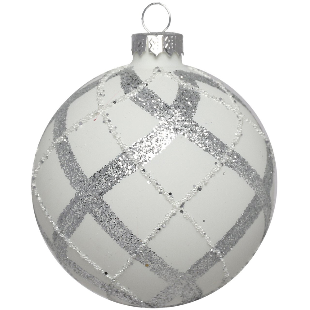 Single Matte White Glitter Pattern Bauble in Assorted styles Image 2