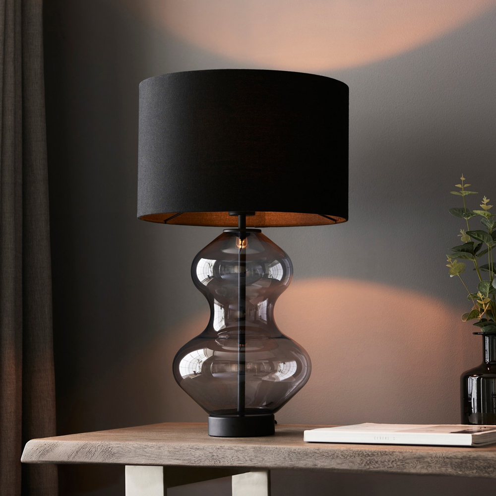 Merano Lecce Matt Black Grey Tinted Glass Black Cotton Fabric Shade Table Lamp Image 2