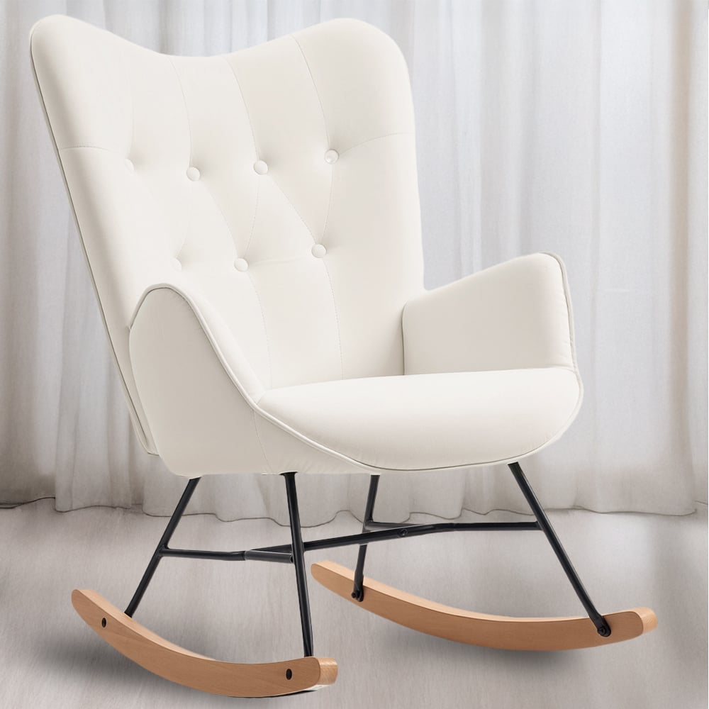 Portland Cream Velvet Upholstered Solid Wood Rocking Chair Image 1