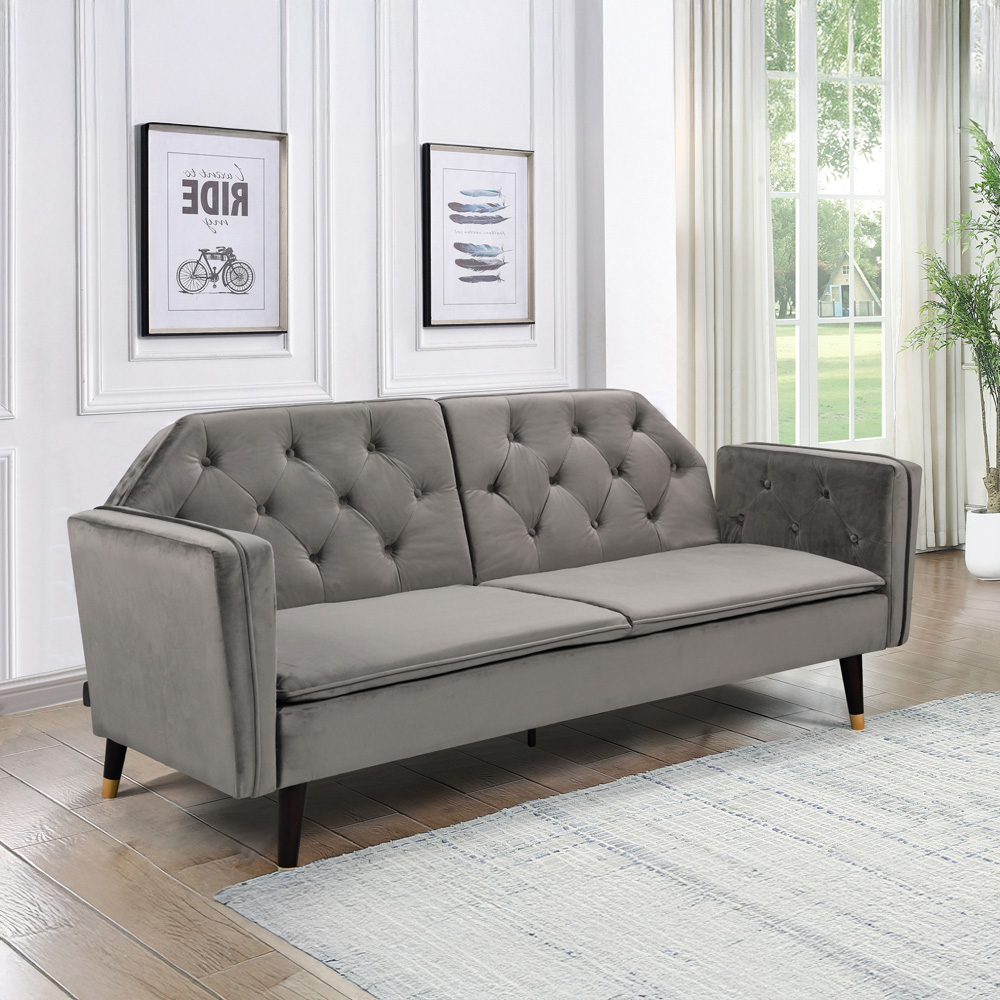 Comfy Living 3 Seater Grey and Gold Plush Velvet Tufted Sofa Bed Image 7