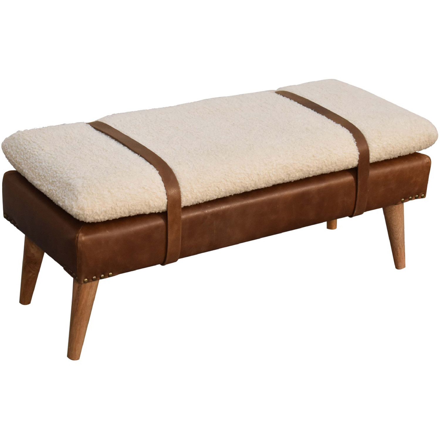 Artisan Furniture Brown and Cream Boucle Buffalo Hide Leather Upholstered Bench Image 4
