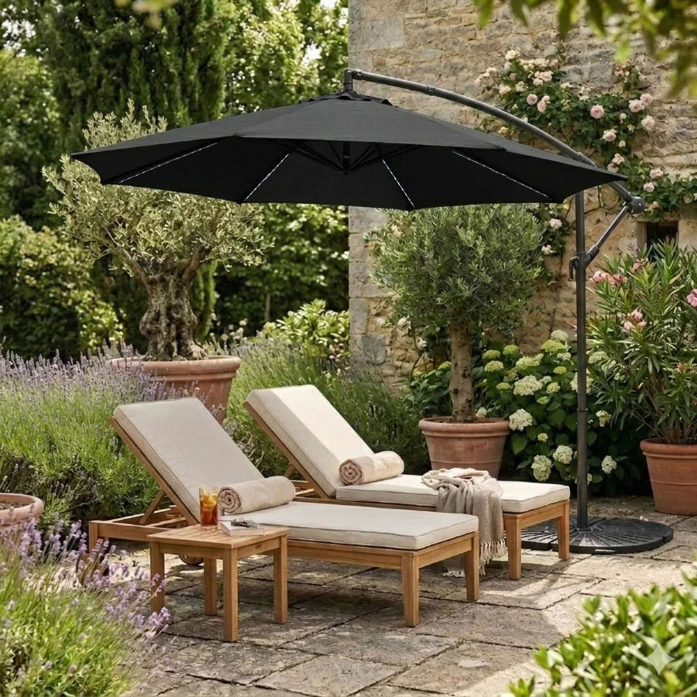 MonsterShop LED Black Cantilever Parasol with Full Fan Base 3m Image 2