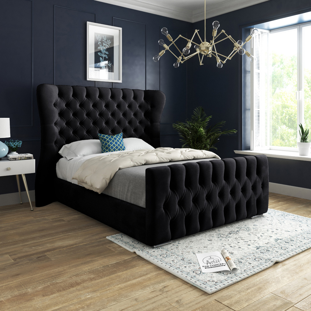Parma Double Black Soft Velvet Upholstered Bed Frame with Curved Winged Headboard Image 5