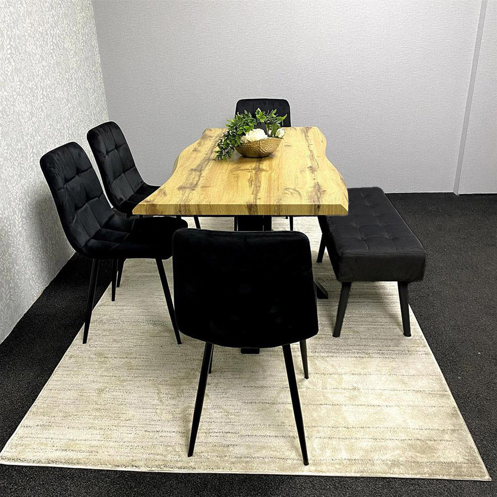 Portland 5 Seater Velvet Wooden Dining Set with Bench Brown and Black Image 2