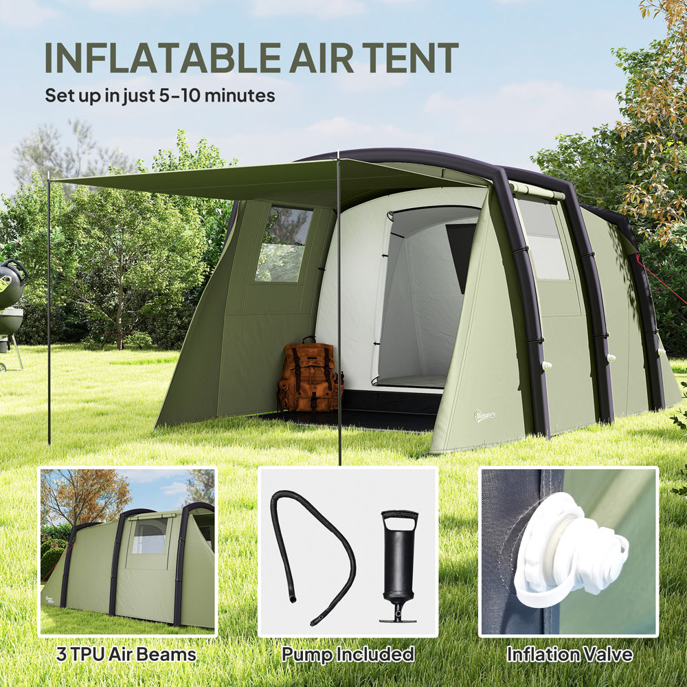 Outsunny 3-4 Person Waterproof Tunnel Camping Tent with Air Pump Olive Green Image 3