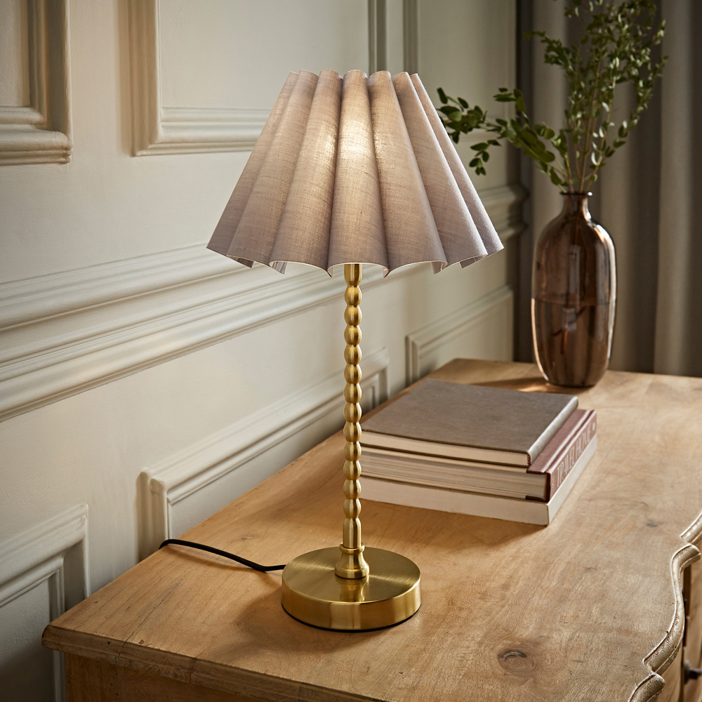 ValueLights Maeve Grey and Gold Scallop Pleated Tapered Shade Bobbin Bobble Table Lamp and Bulb Image 2