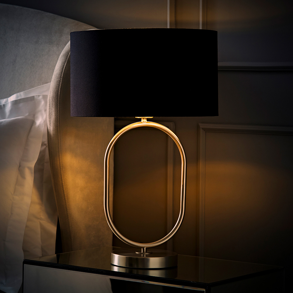 ValueLights Antonia Black with Chrome Drum Shade Brushed Chrome Oval LED Table Lamp Image 2