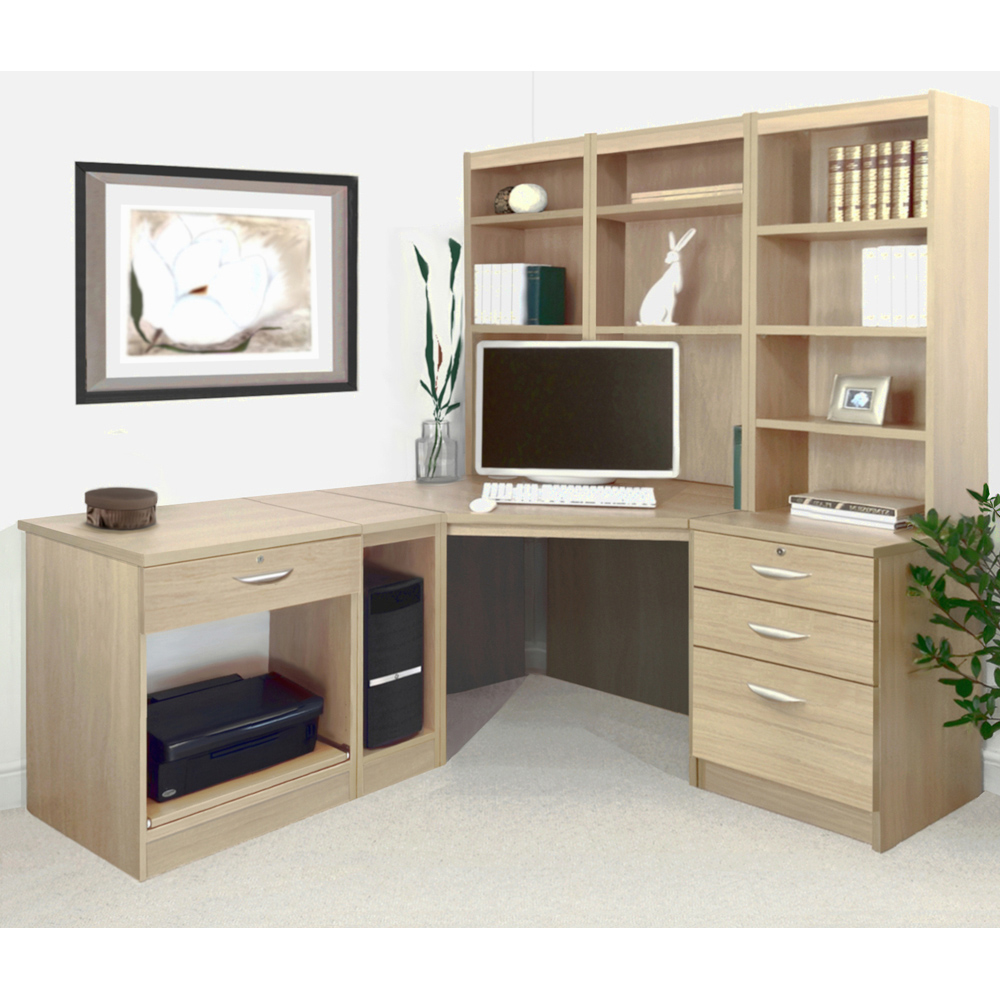 R White Cabinets 4 Drawer Corner Set-20 Computer Desk with Printer Shelf and Bookcase Brown Image 4