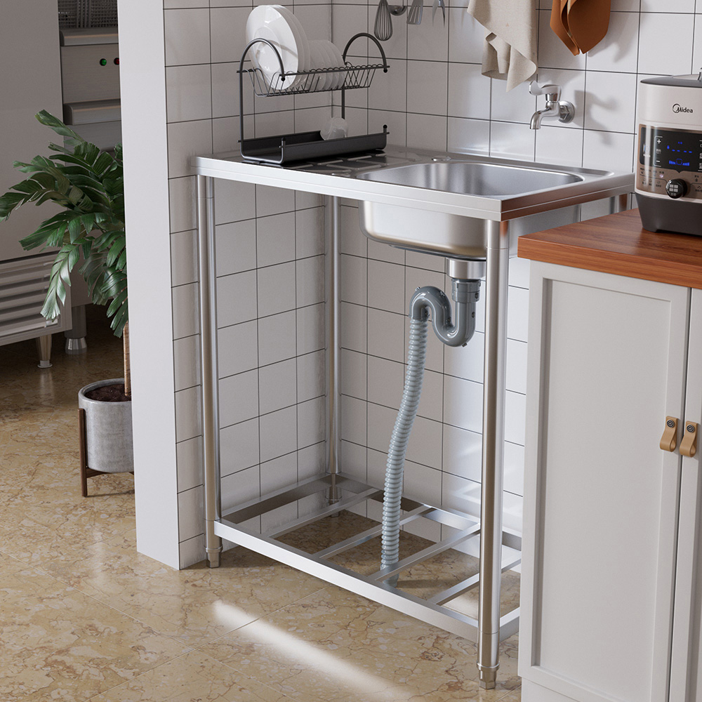 Living and Home Single Trough 201 Stainless Steel Commercial Sink with Drainboard Image 2