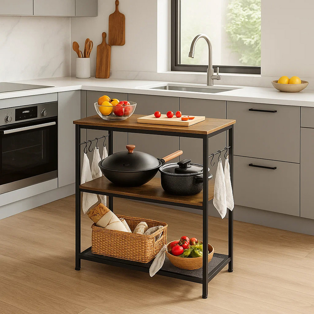 Modcraft 3 Shelf Rustic Brown and Black Kitchen Island with Hooks Image 2