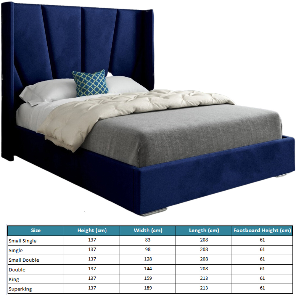 Bellini Blue Double Velvet Upholstered Bed Frame with Wide Curved Winged Headboard Image 7